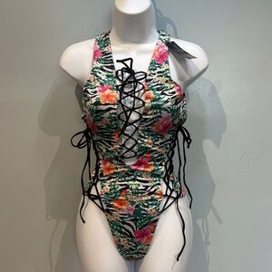 Yandy Zebra Floral Tropical Print Onepiece Swimsuit Medium New with Tags